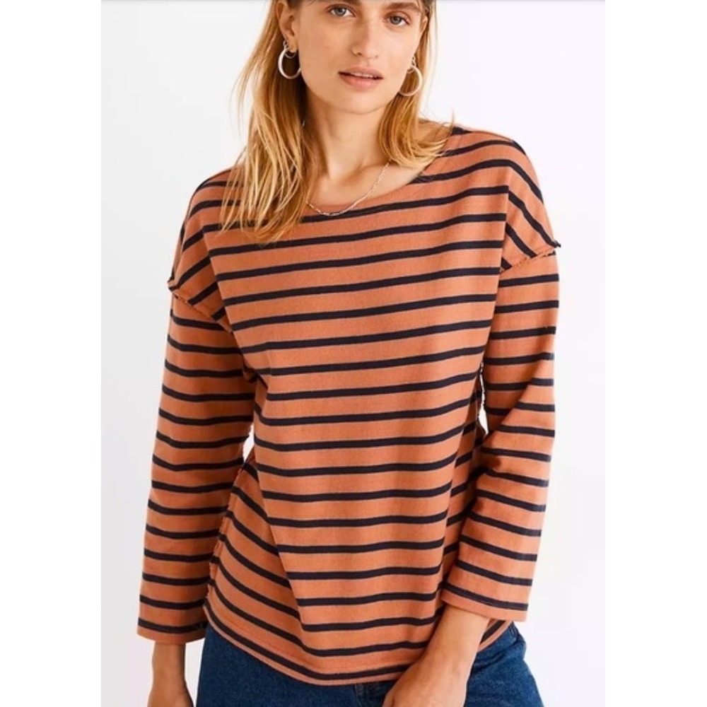Madewell Luxe Long‎ Sleeve Tee Casler Strip Rust Navy Womens Small Relaxed Fit